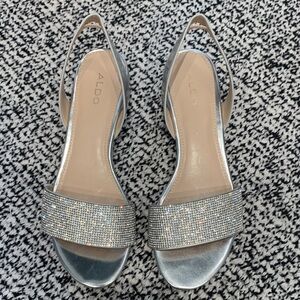 Aldo Silver Rhinestone Strap Open-Toe Slingback Sandals
